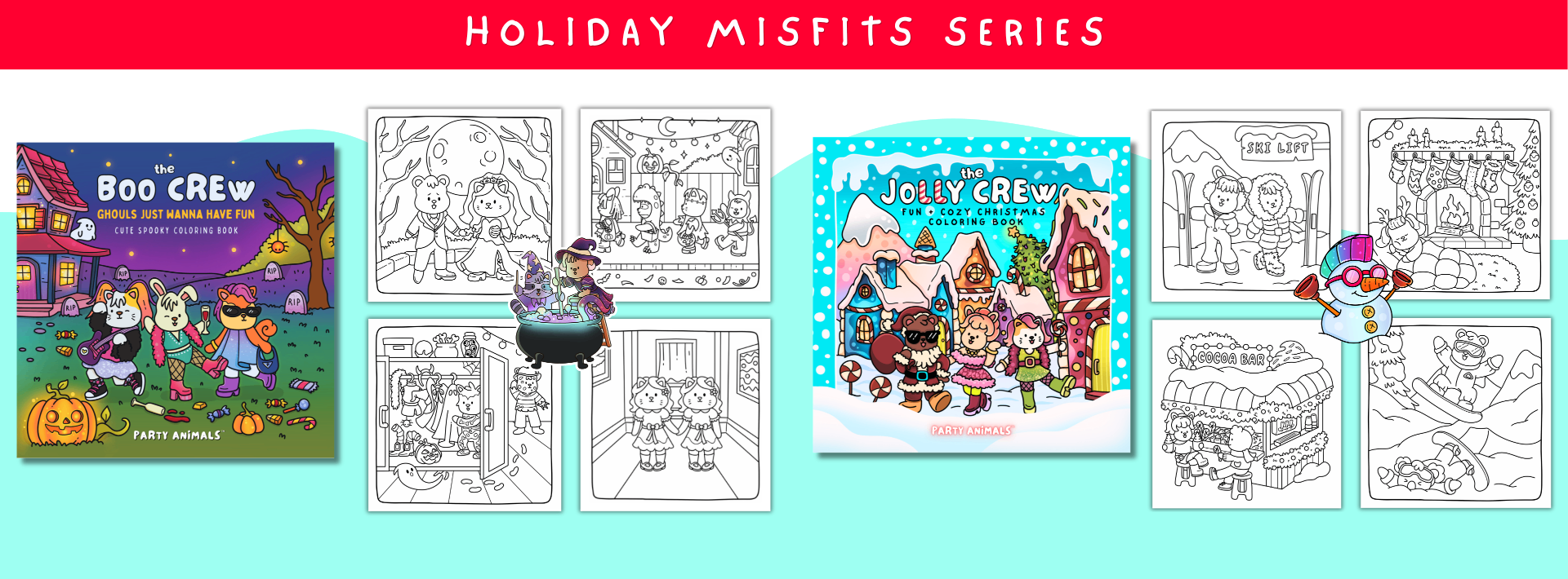 Party Animals Holiday Misfits coloring book banner artwork