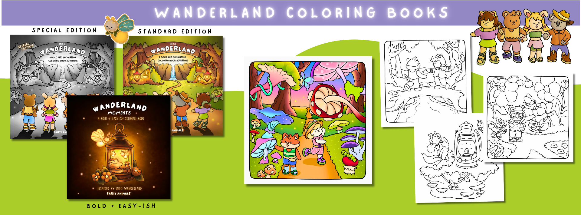 Party Animals Wanderland coloring book banner artwork
