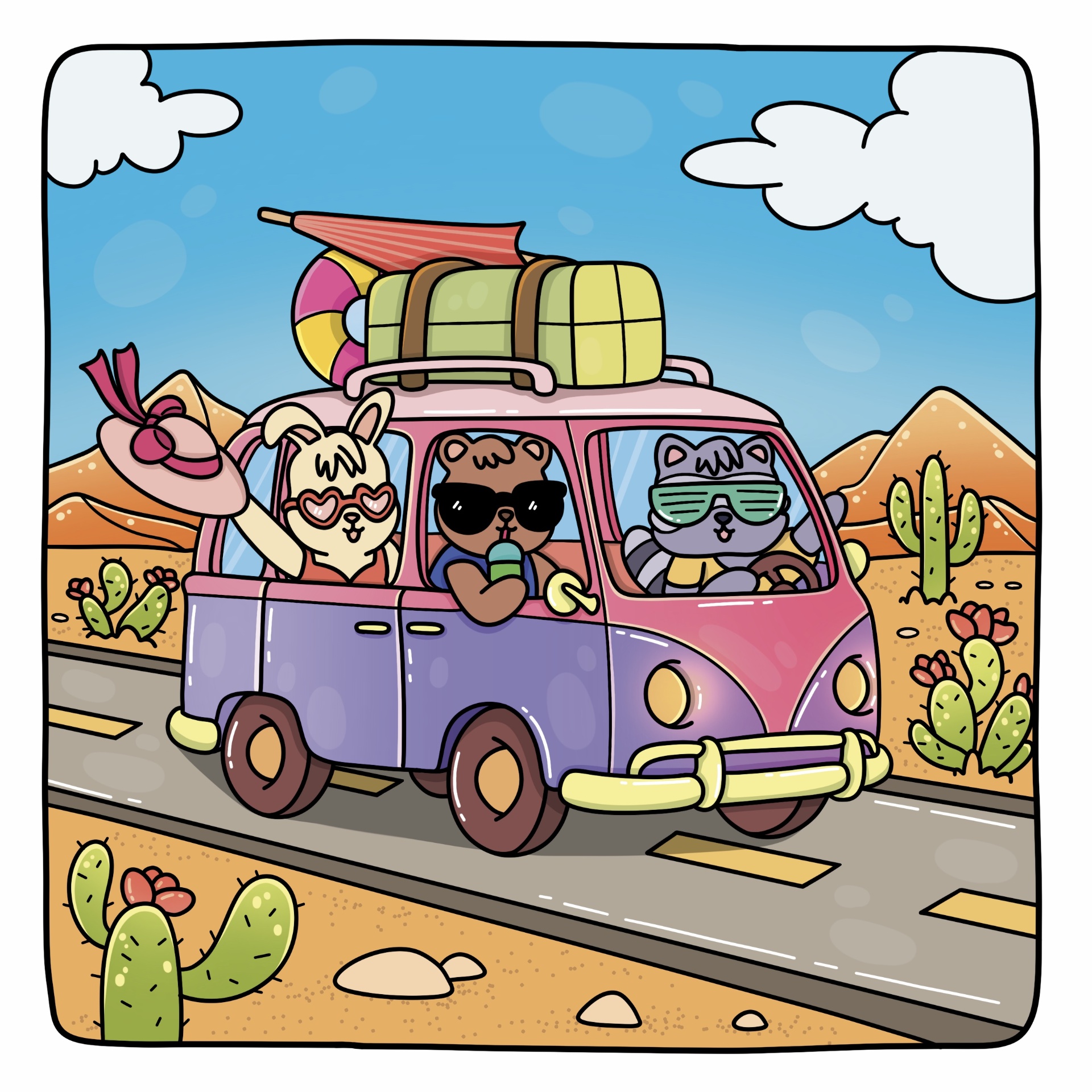 Party Animals characters on a coloring club road trip